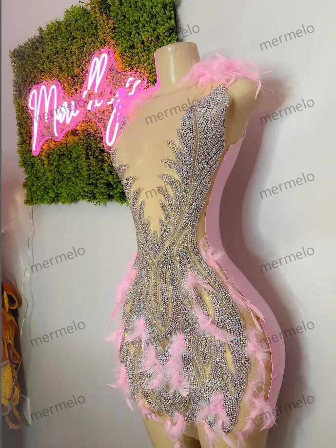 Beaded Handmade Crystals Women Birthday Party Gowns Sexy See Through pink Feather Black Girls High Neck Short Mini Prom
