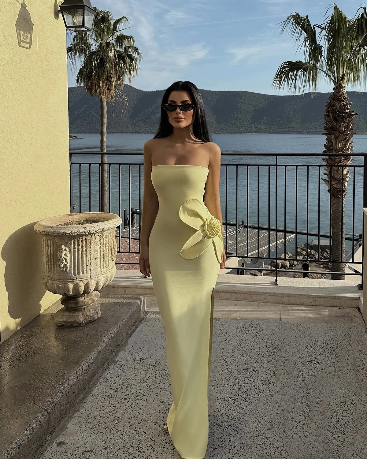 customized Prom Dresses Sheath Muslim Yellow Slit Evening Dress Floor Length Beads Robe De Soiree Formal Party Dress