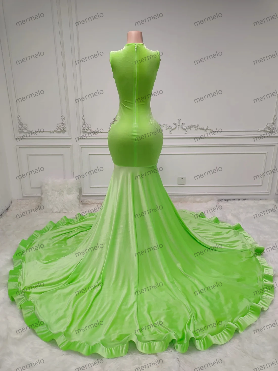 Green Long Prom Dresses For Black Girls Mermaid Sheer Crystals American African Evening Gown Birthday Party Robe Customized