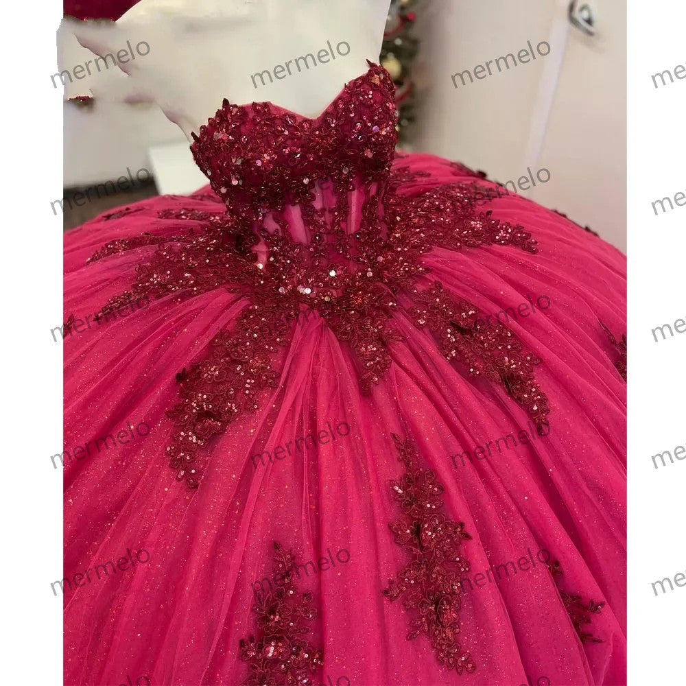 Burgundy Quinceanera Dresses Sweetheart Ball Gown Crystal Lace Appliques