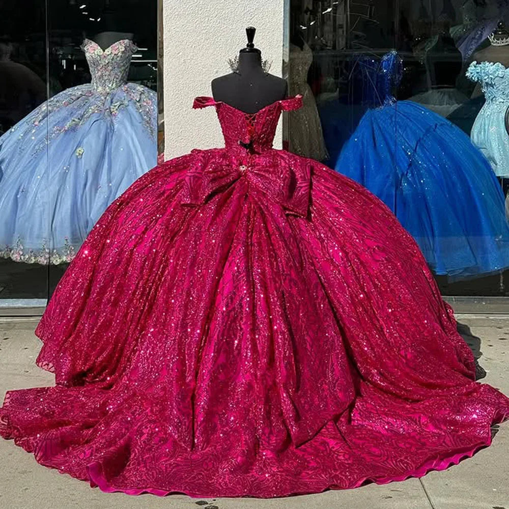 Quinceanera Dress Off The Shoulder Crystal Beads Corset Ball Gown Sweet 16 Dress Vestidos De XV Anos