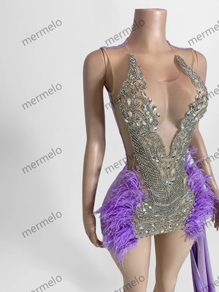 Sexy See Through Beaded Black Girls Purple Feather Birthday Dresses