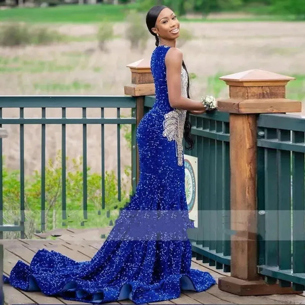 Customized Blue Mermaid Prom Dress For Black Girls Luxury Gold Lace Appliques Sleeveless Brush Train Party Gowns robe de mariée