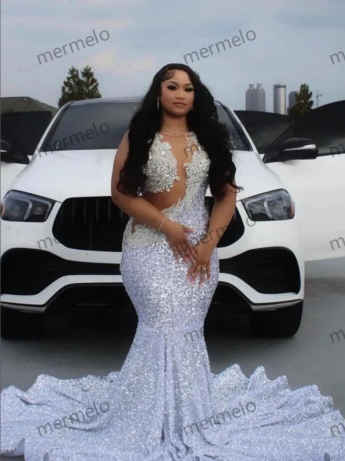 Silver Mermaid Evening Dresses For Women Sparkly Diamond Crystal