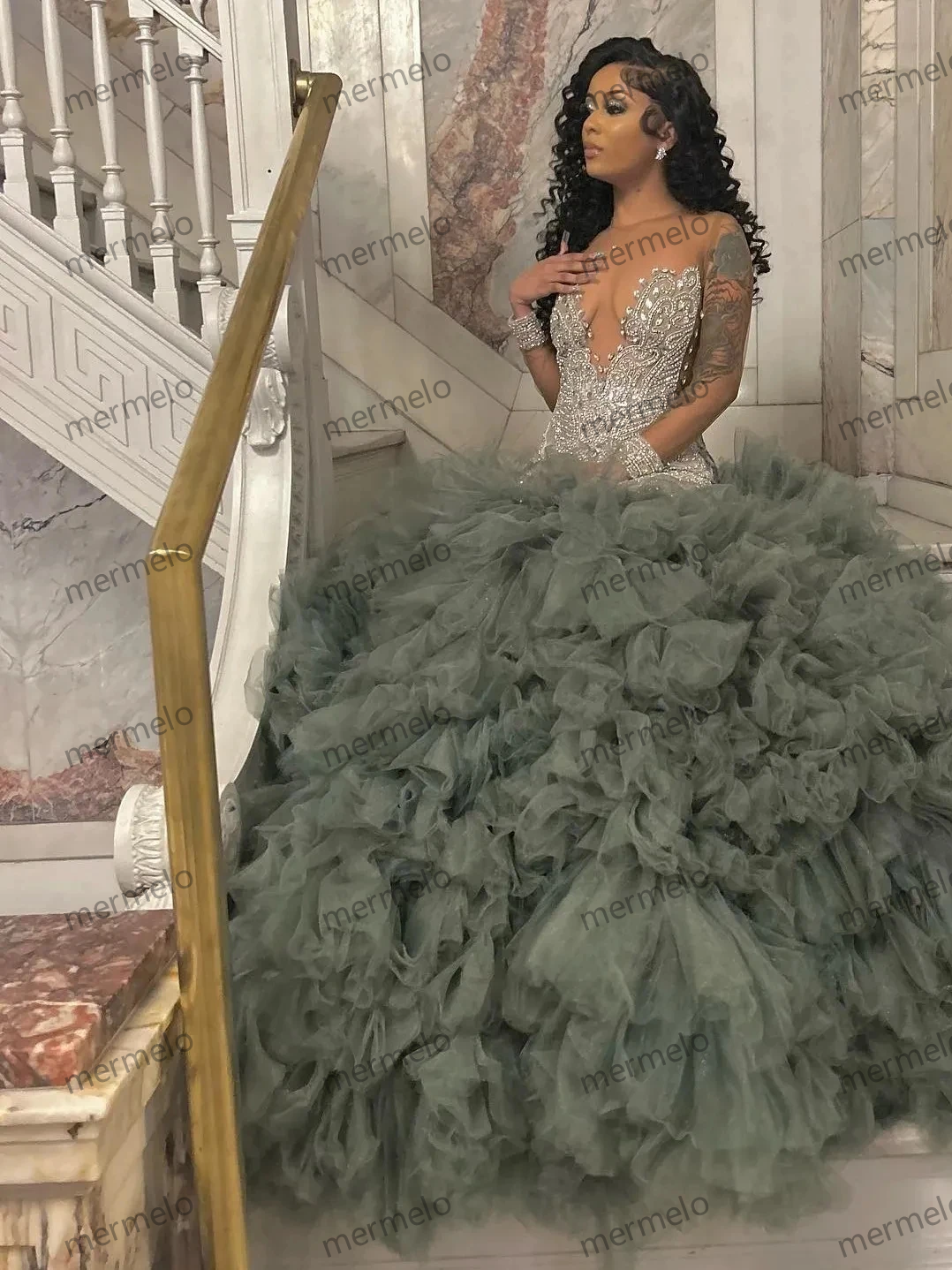 Luxury Silver Diamonds Mermaid Evening Dresses Extra Puffy Beading Crystal Ruffles