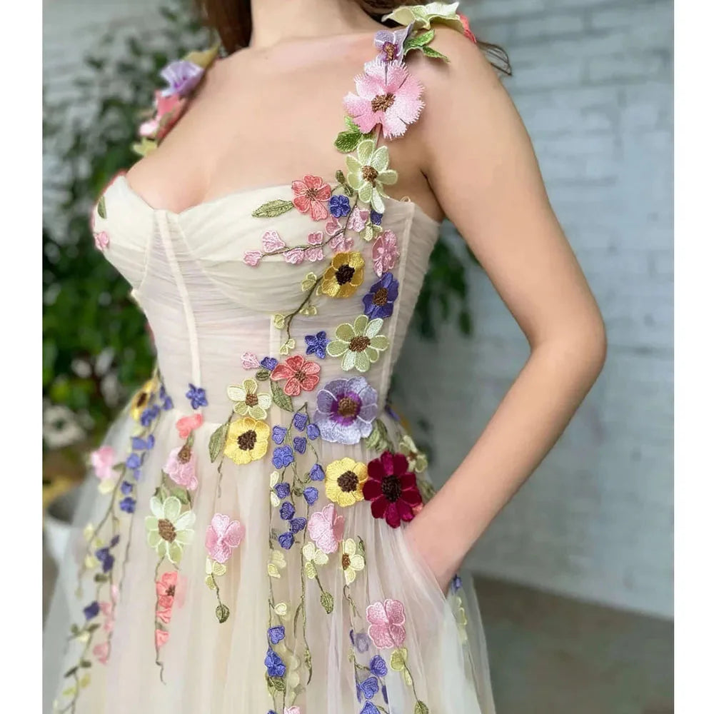 Elegant Floral Print Beige Flower Prom Dresses Exquisite Tulle Spaghetti Strap A-line Pure Pretty Pastrol Formal Birthday Party