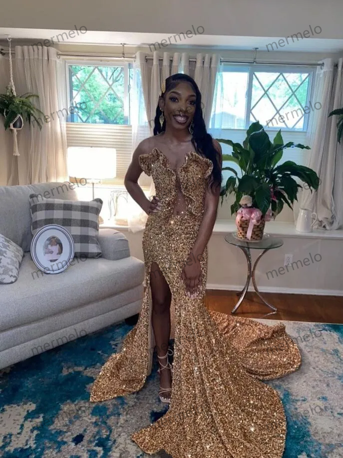 Sparkling Gold Long Mermaid Prom Gowns For Women Luxury Studded Diamante Sexy High Split Birthday Dresses Vestidos De Gala