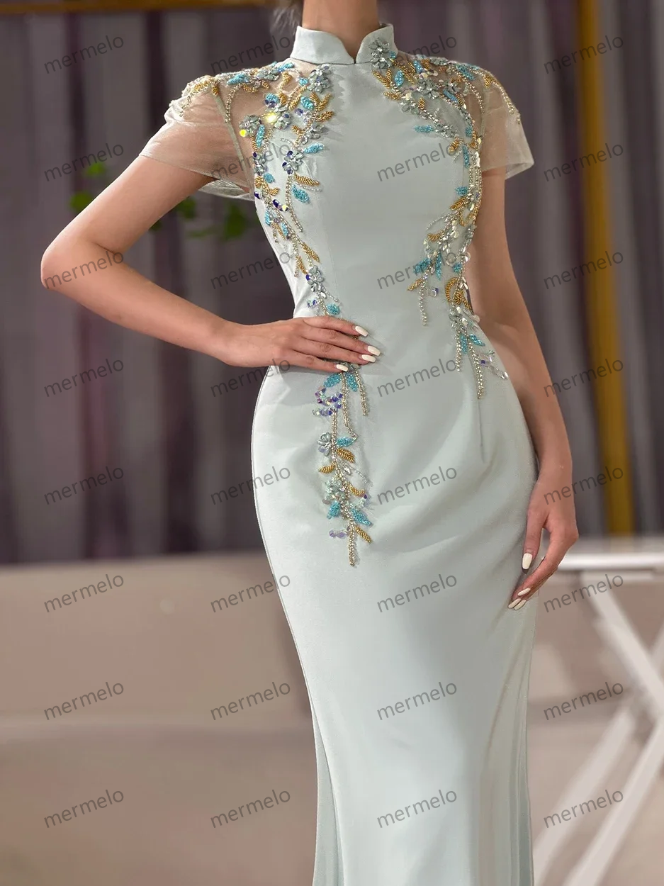 Customized 2025 Saudi Mint Mermaid Beaded Satin Evening Dress Gown with Corset for Formal Occasion