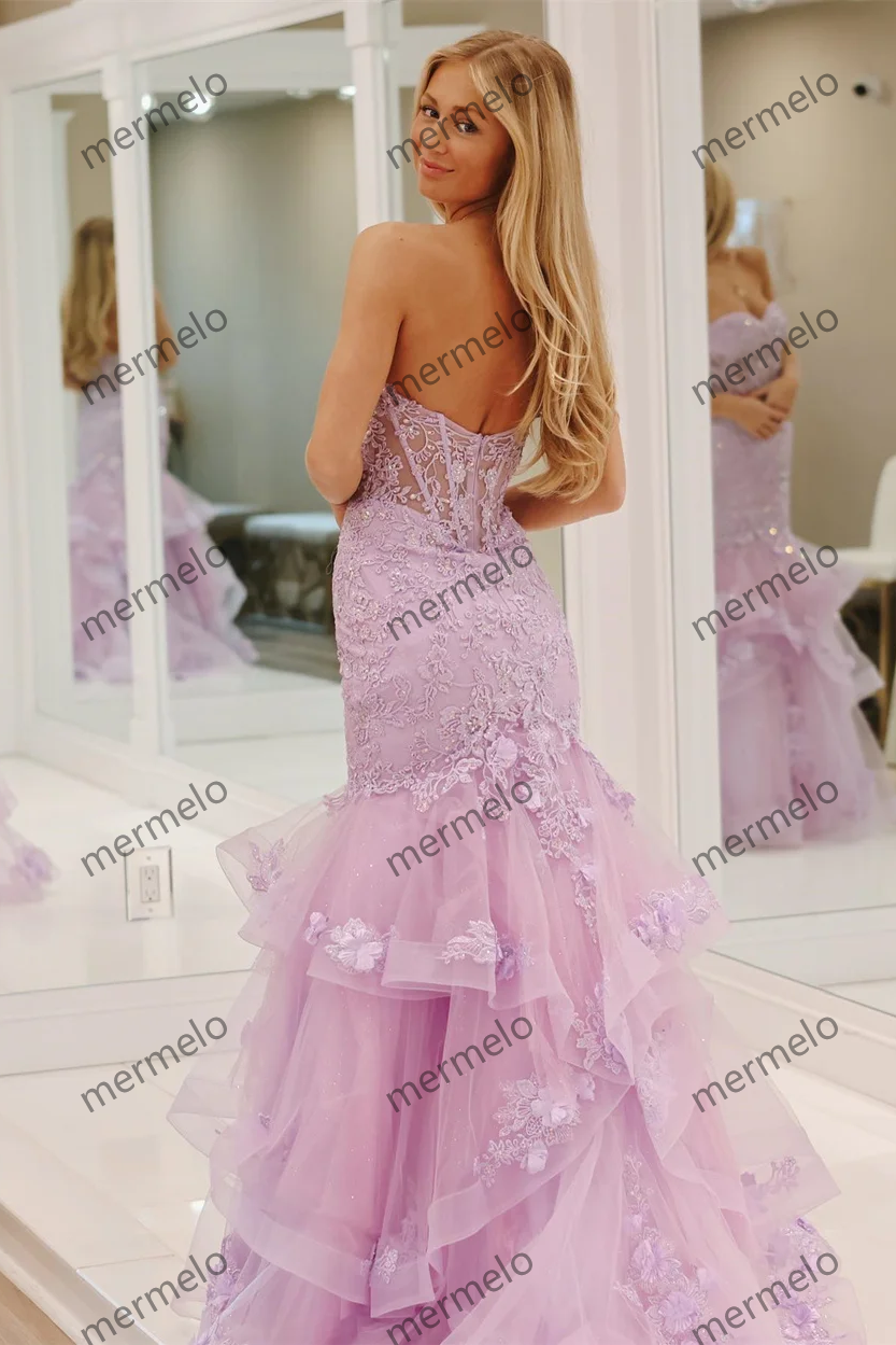 Strapless Mermaid Princess Lavender Lace Prom Dress
