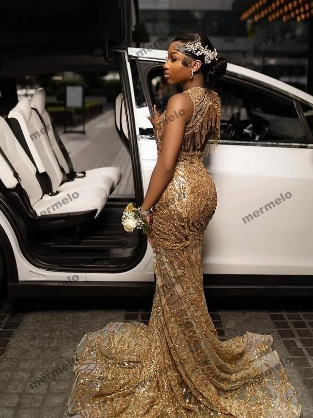 Sparkly Gold Long Mermaid Prom Occasion Dresses For Black Girl Luxury Crystal Gillter Tassel Evening Gown Birthday Gala