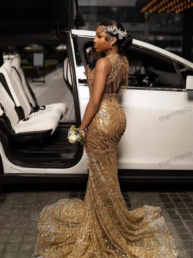 Sparkly Gold Long Mermaid Prom Occasion Dresses For Black Girl Luxury Crystal Gillter Tassel Evening Gown Birthday Gala