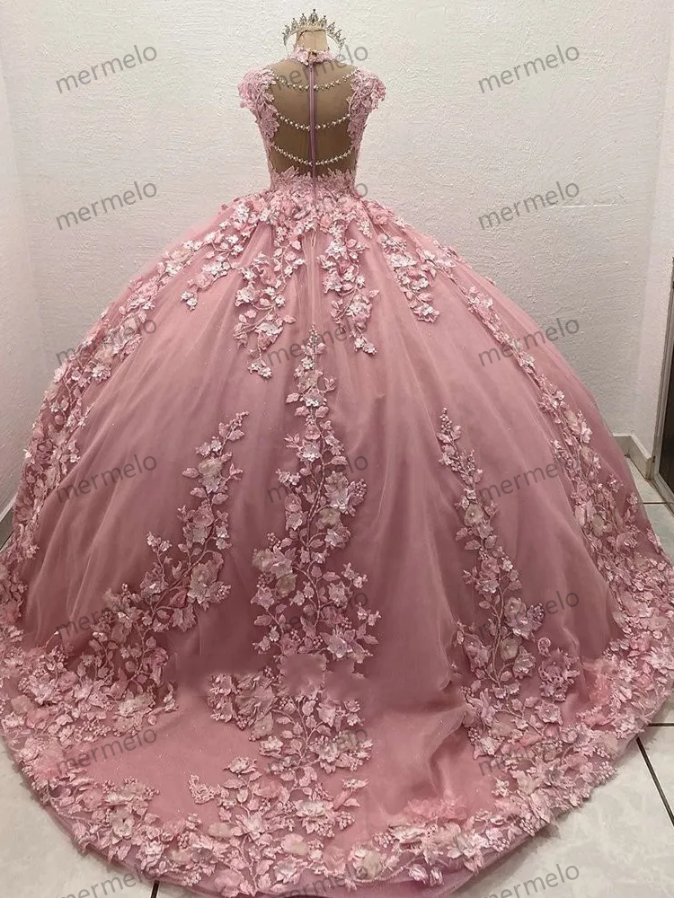 Pink 3D Flowers Quinceanera Dresses Luxury Pearls Beading Appliques