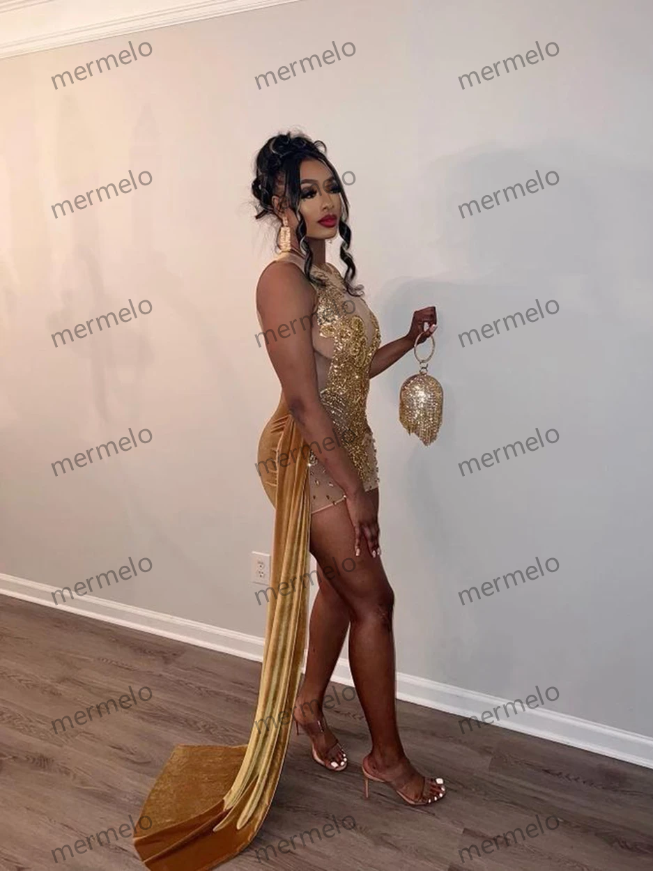 Diamond Sheer O-neck Women Birthday Party Gowns Side Train Gold Velvet