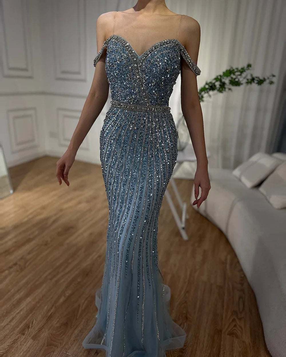 2025 Blue Prom Mermaid Gown Beaded Luxury Saudi Evening Dress for Formal Occasion Customize