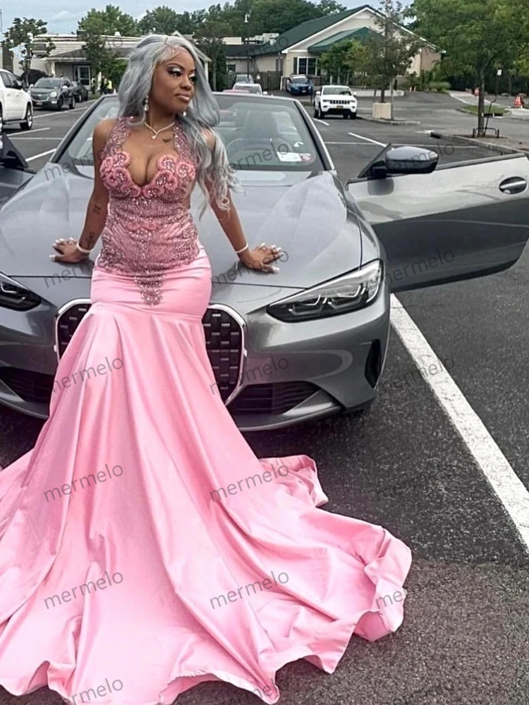 Luxury Glitter Pink Mermaid Prom Dress For Black Girls Silver Crystal