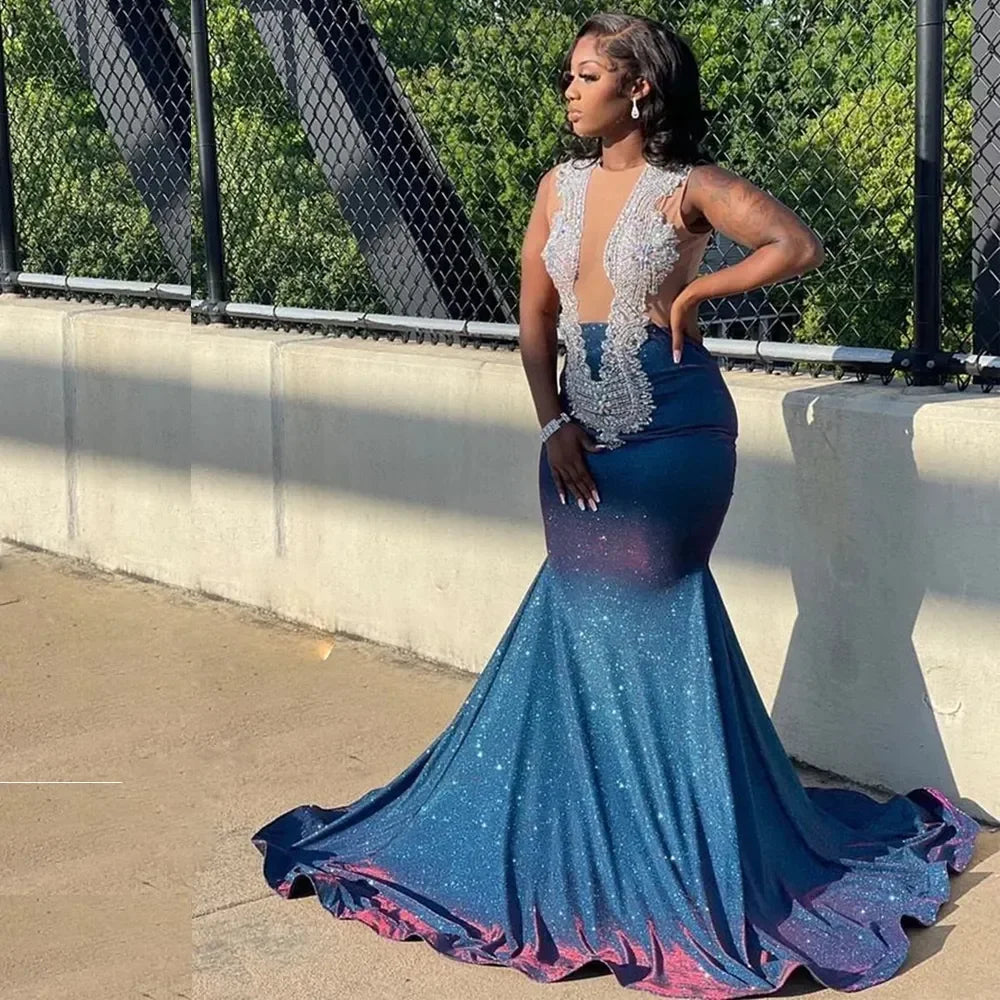 Sparkly African American Long Prom Dresses For Black Girls Mermaid Sheer Sequins Crystals Women Elegant Evening Gown Customized