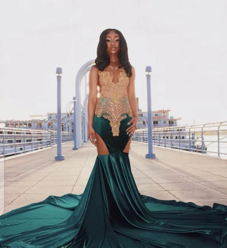 Teal Blue Women Long Black Girls Prom Dresses Sexy Sheer Luxury Beaded Diamond Mermaid Prom Gowns Evening Gala Party Customized