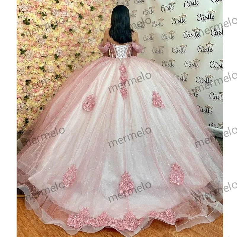 Glittering Pink Quinceanera Dress Crystal Beading Lace