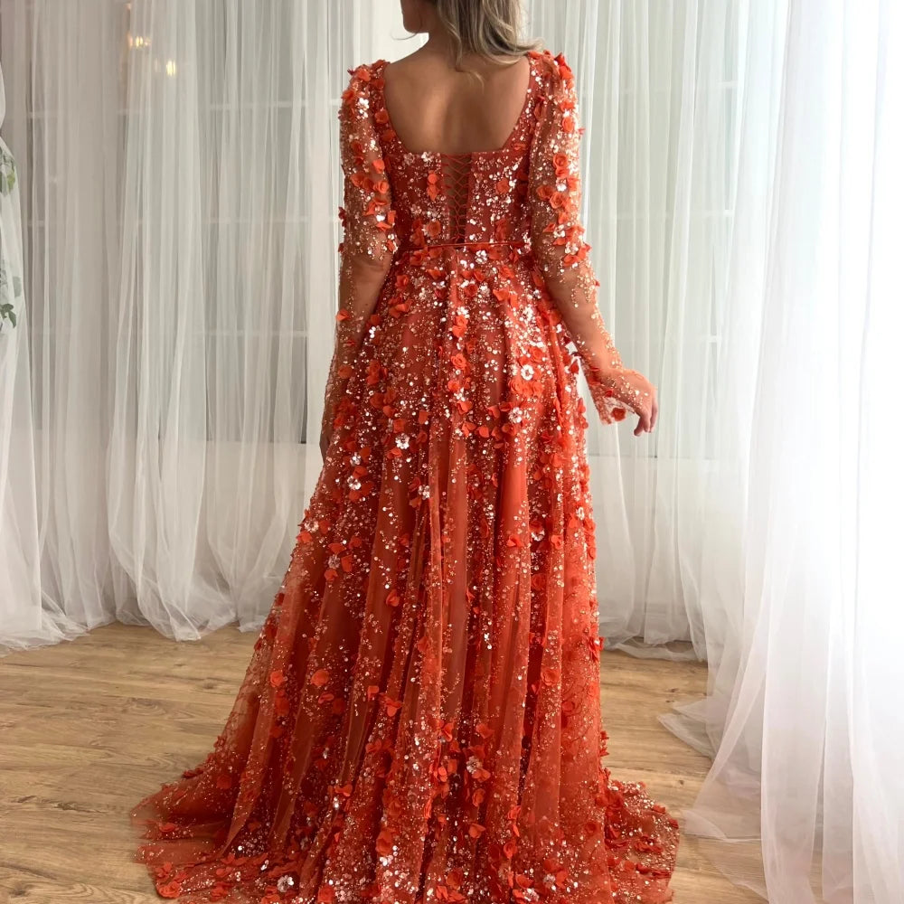 Customize Red 3D Flowers Lace robes de soirée Long Sleeves Backless Strapless Prom Dresses Floor-Length Wedding Dress