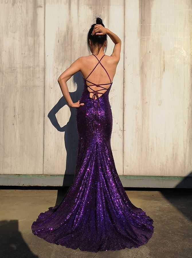Sexy Mermaid Spaghetti Straps Grape Sequins With Slit Evening For Women Party Dresses Long Formal Prom Dresses 21st Birthday Gowns