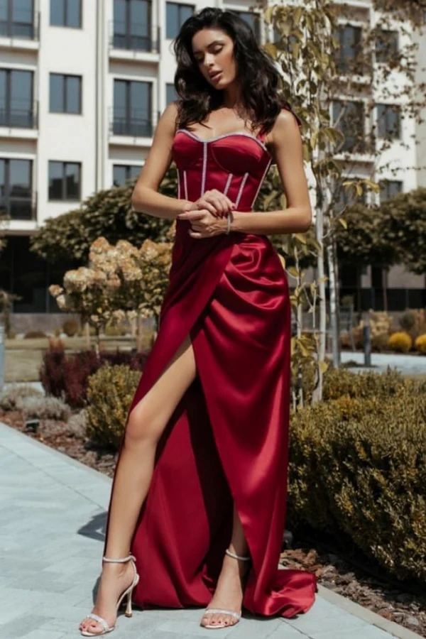 Sexy & Hot Sheath Strapless Straps Sleeveless Pleated Crystal Beaded High Side Slit and Train Prom Party Dress Evening Formal Gown Cocktail Dress