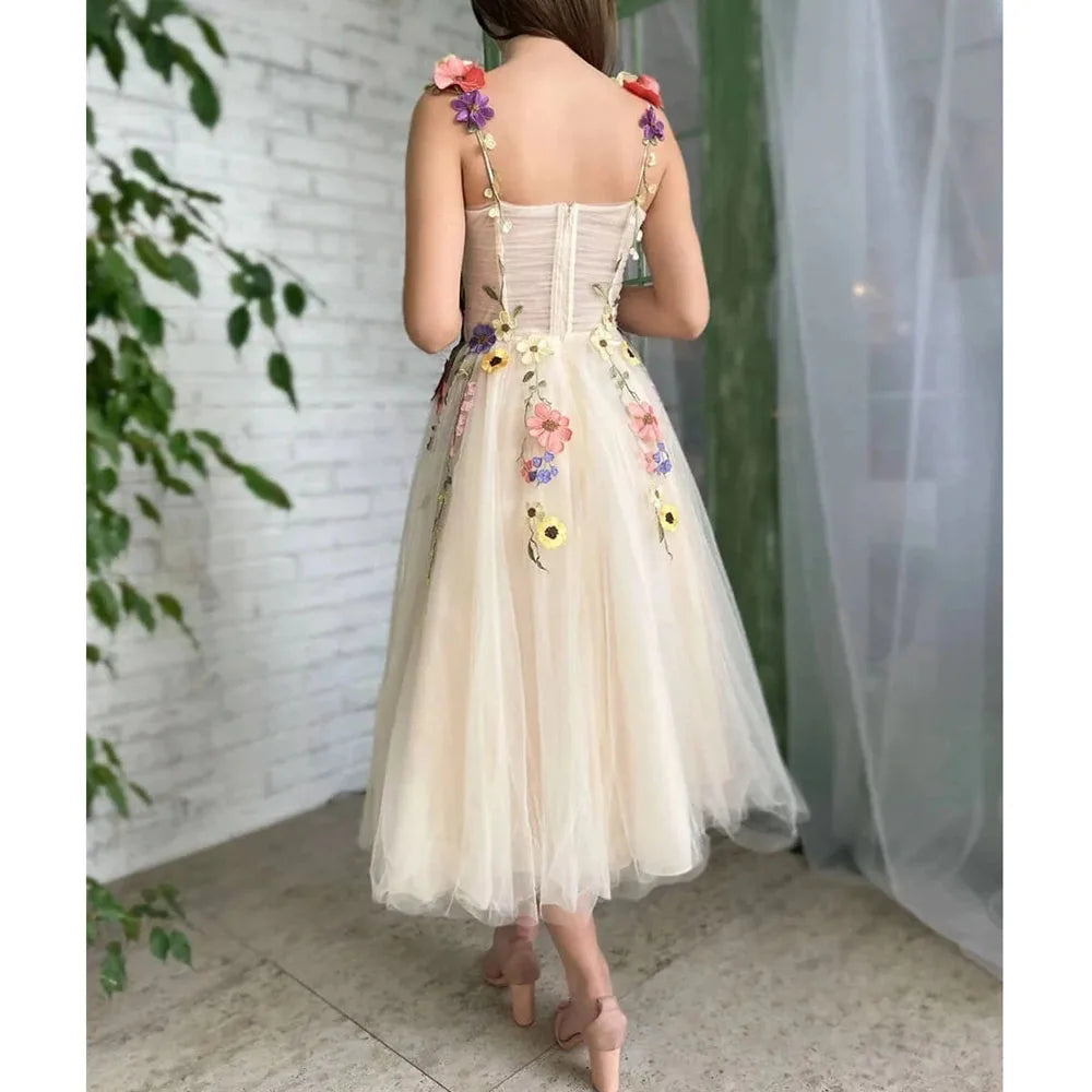 Elegant Floral Print Beige Flower Prom Dresses Exquisite Tulle Spaghetti Strap A-line Pure Pretty Pastrol Formal Birthday Party