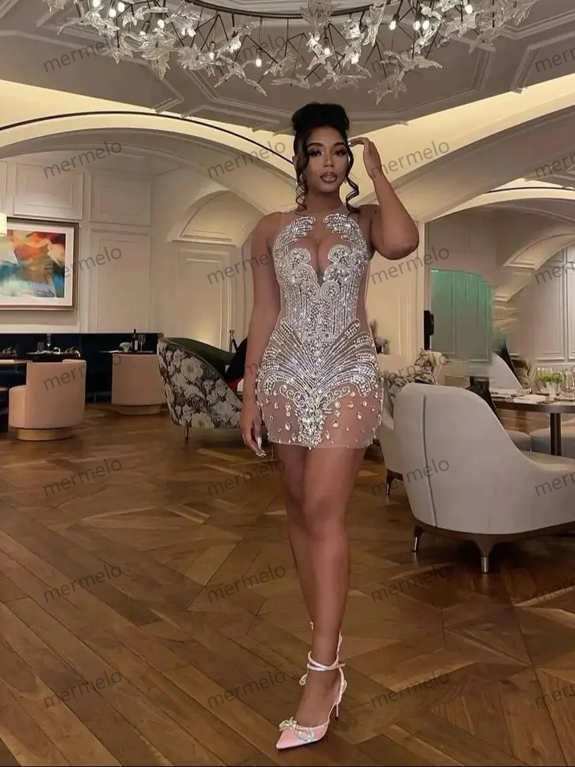 Sexy Silver Sheer Diamond Short Prom Dresses Black Girls Beaded Birthday Party Dresses