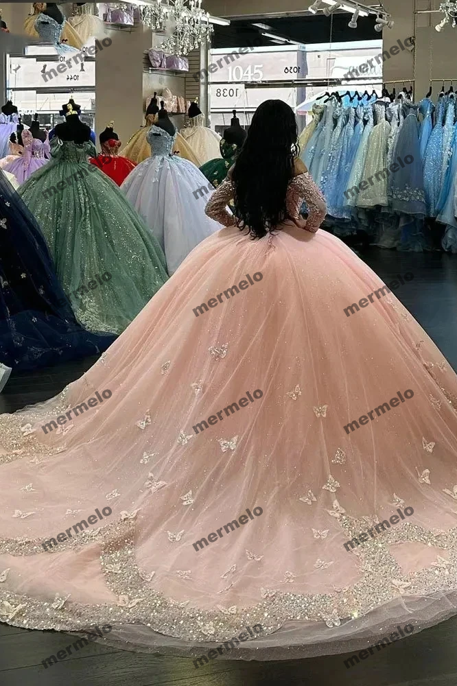 Glittering Pink Quinceanera Dresses Off-Shoulder Long Sleeves Butterfly Appliques Princess Birthday Party Vestidos