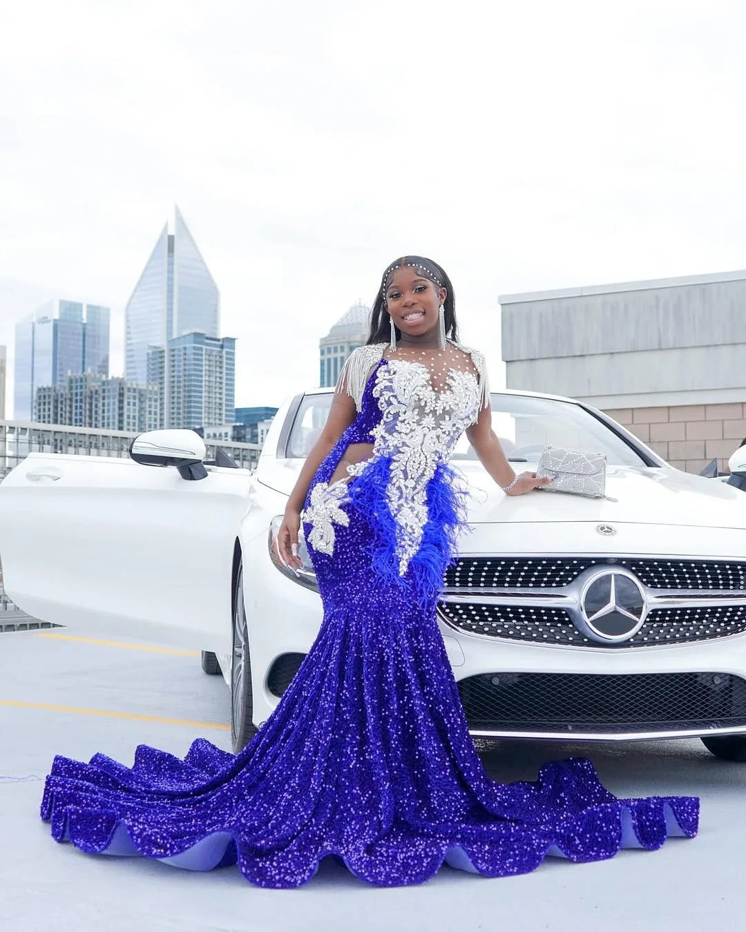 Sparkly Velvet Sequin Royal Blue Mermaid Prom Dresses Long for Black Girls 2025 Feather Crystal Applique Evening Gown Customized