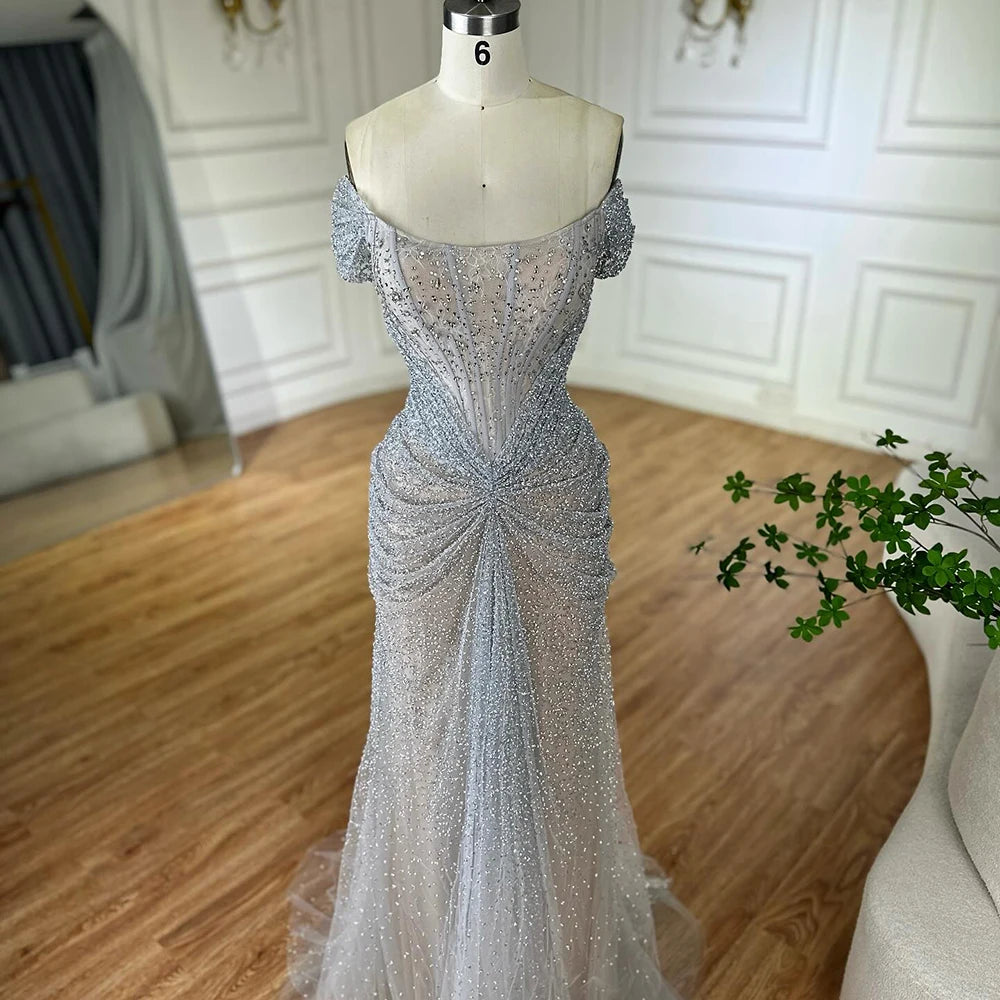 Silver Nude Off Shoulder Beaded Tulle Mermaid Evening Dresses Elegant Formal Gown