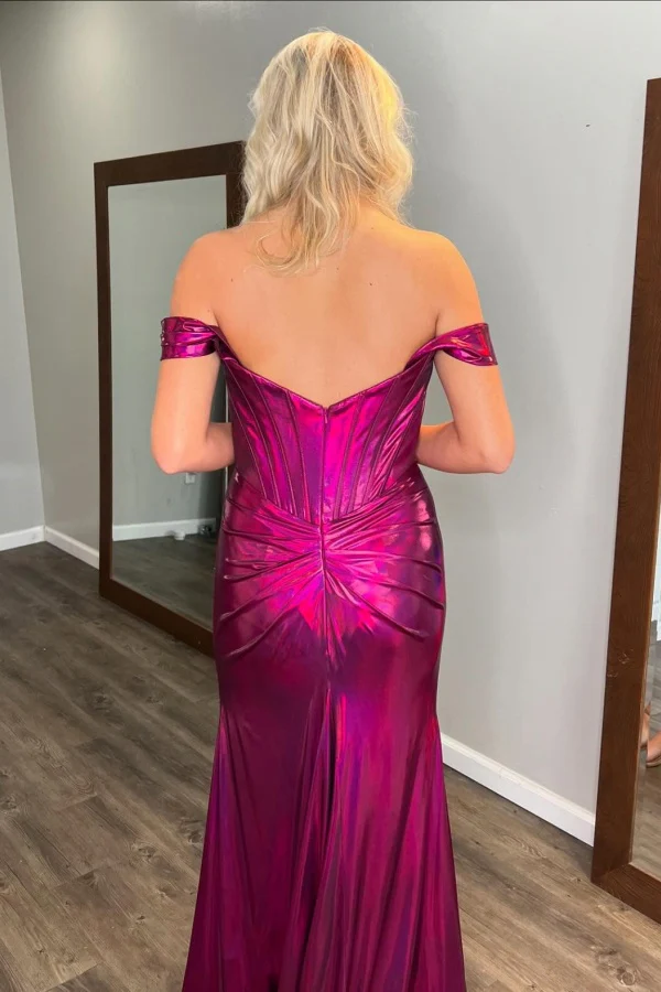 Simple Sheath Off Shoulder Sleeveless Pleated High Side Slit and Train Prom Party Dress Formal Evening Gown