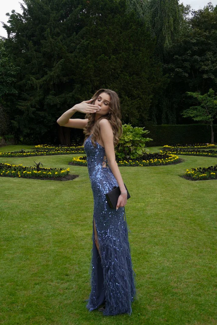 Spaghetti Straps Mermaid Blue Long Prom Dresses With High Split Women Sleeveless Party Dress