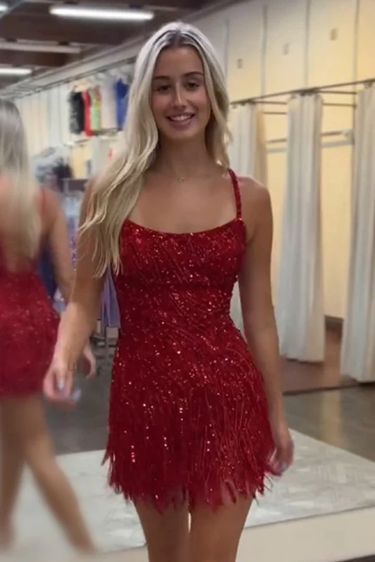 Sparkly Gold Sequins Short Party Dress Sleeveless with Tassels Homecoming Dress