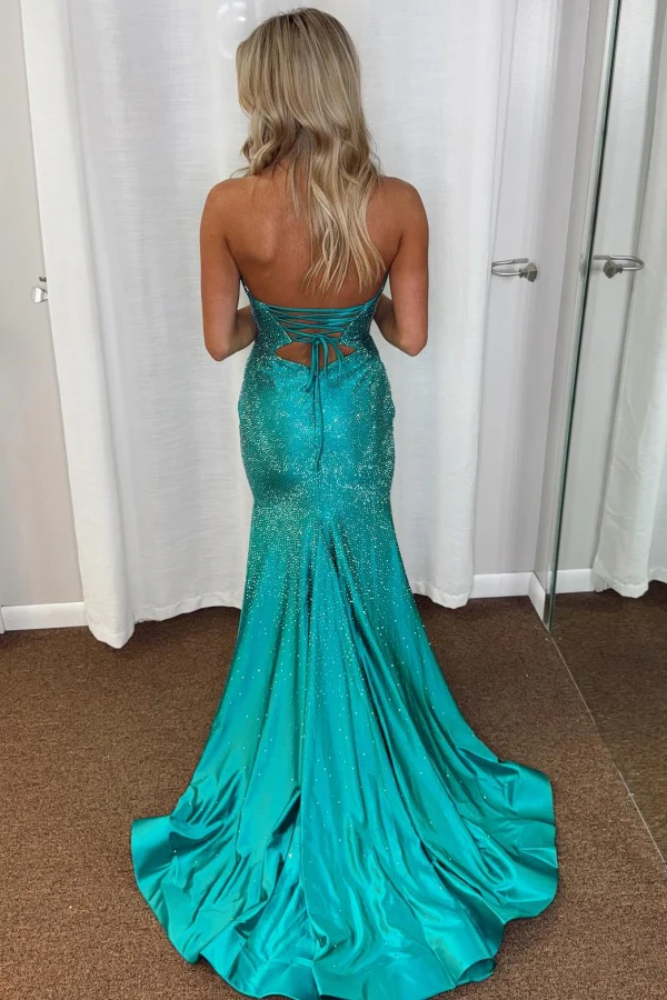 Sparkly Mermaid Strapless Sleeveless Fully Beaded Pleated Prom Party Dress High Side Slit and Train Evening Gown