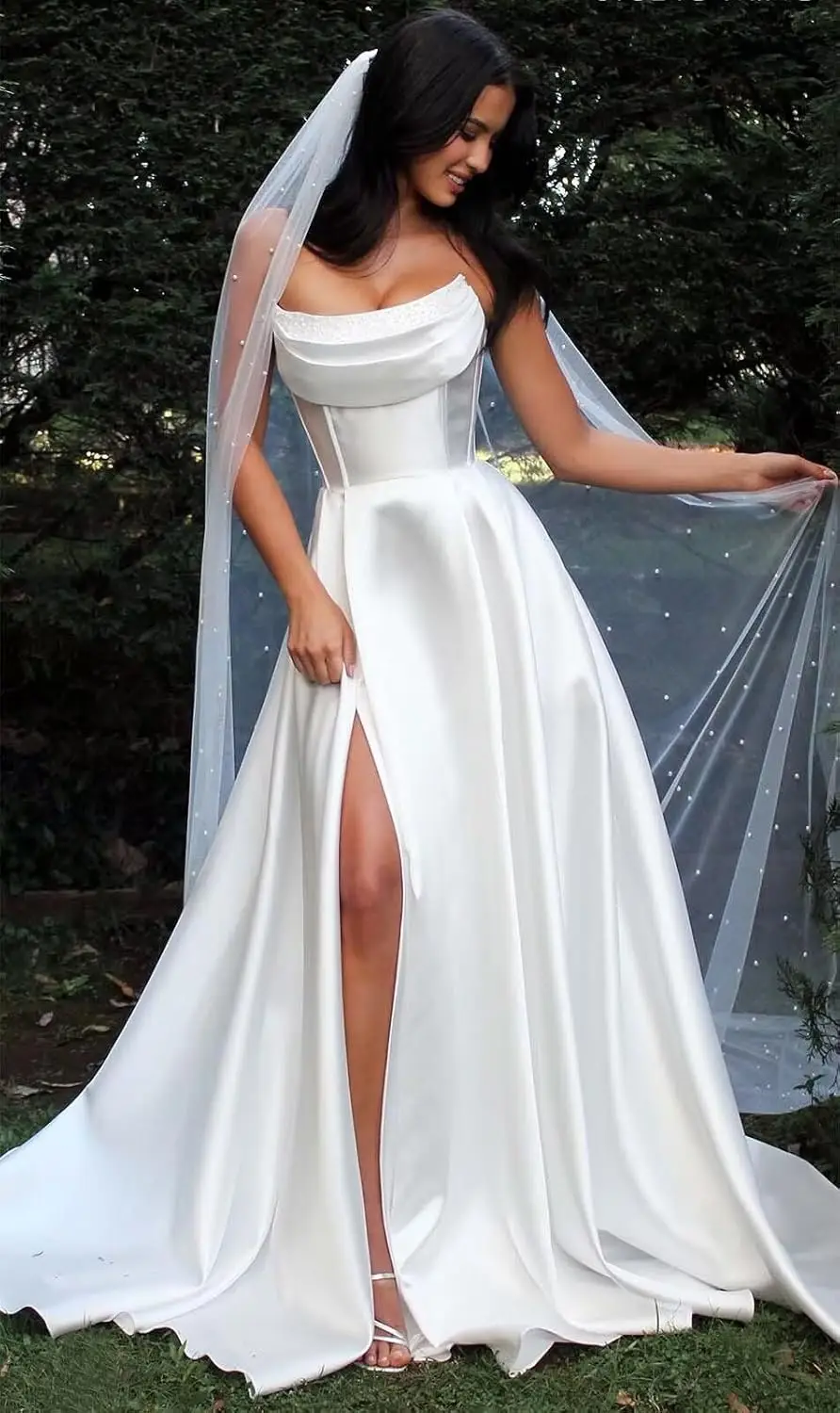 Strapless Corset Prom Dresses for Women with Slit Long Satin Formal Evening Gowns with Pockets Elegant Sleeveless Party Dress
