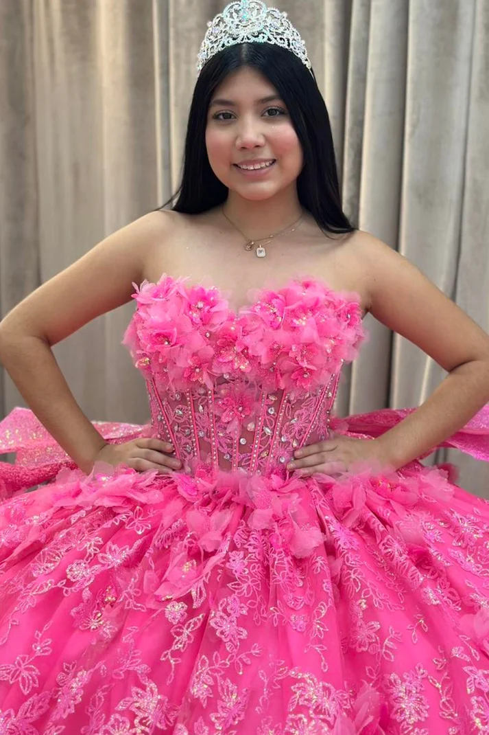 Strapless Sleeveless Beaded 3D Flower Appliques Hot Pink Sweet 15 Quinceañera Dress
