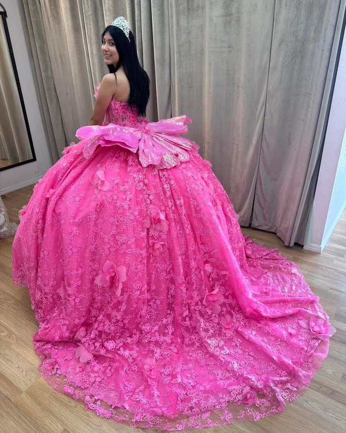 Strapless Sleeveless Beaded 3D Flower Appliques Hot Pink Sweet 15 Quinceañera Dress
