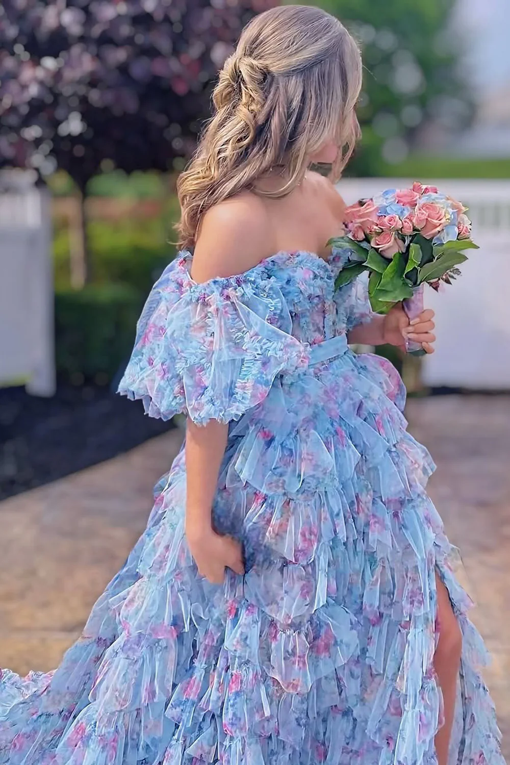 Sweet A Line Off the Shoulder Blue Floral Tulle Tiered Prom Dress