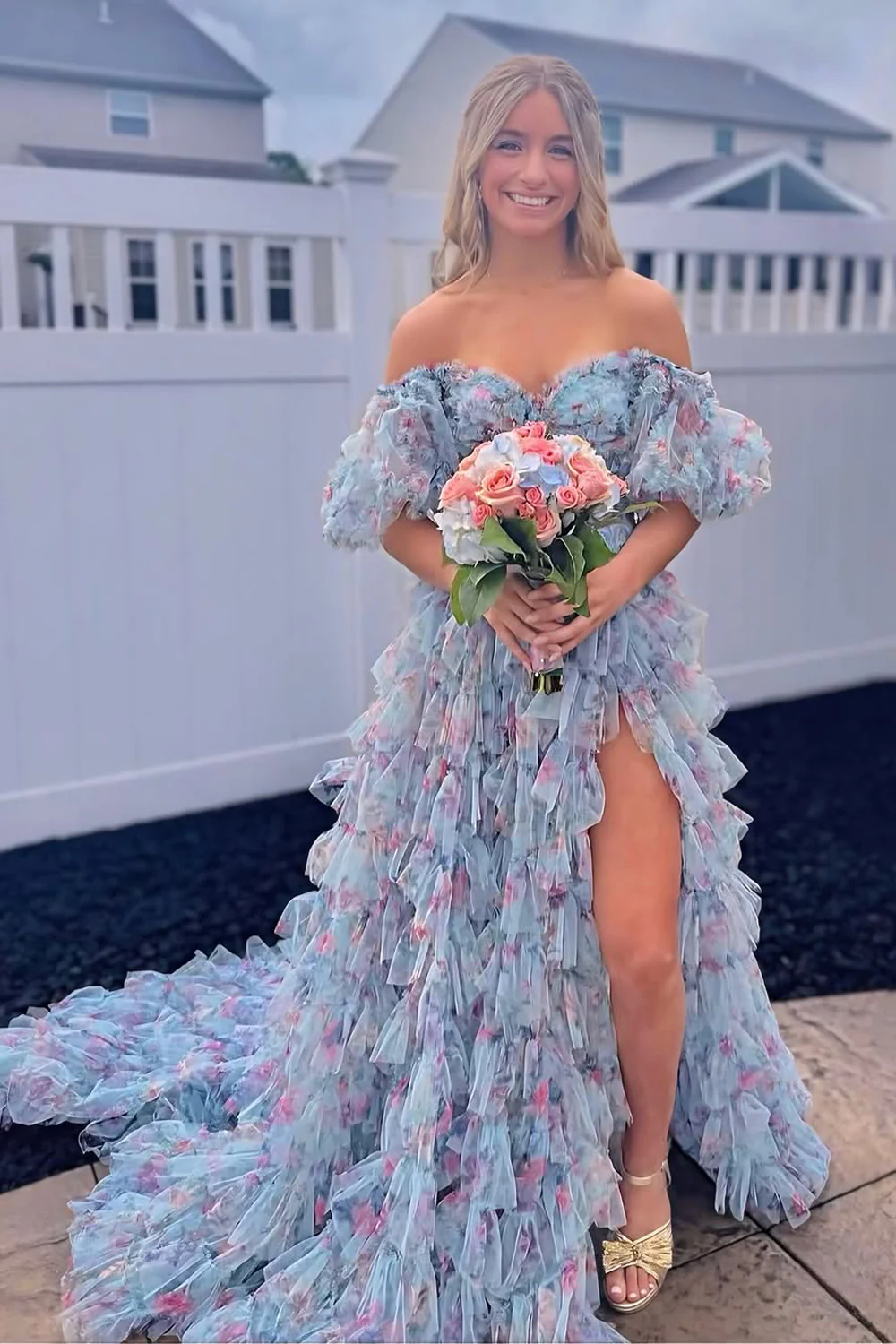 Sweet A Line Off the Shoulder Blue Floral Tulle Tiered Prom Dress