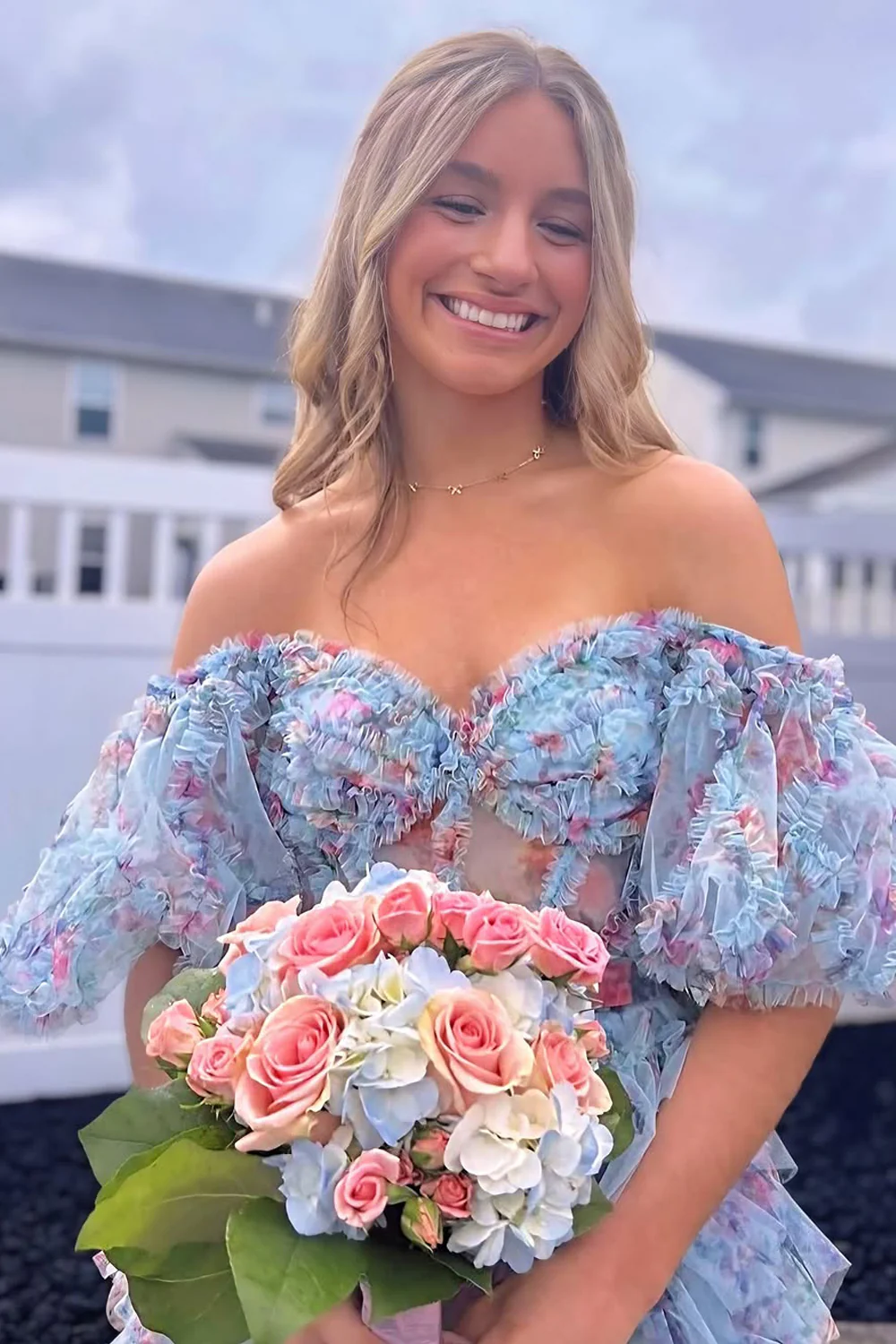 Sweet A Line Off the Shoulder Blue Floral Tulle Tiered Prom Dress