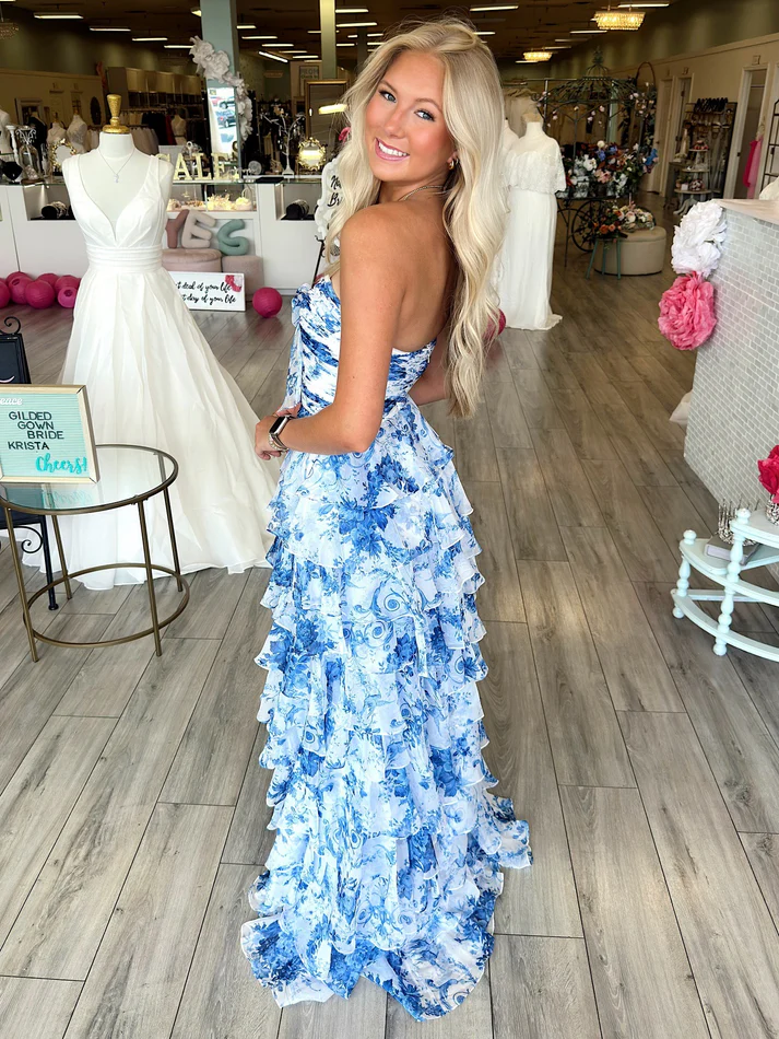 Sweetheart A Line Floral Print Chiffon Ruffles Prom Dresses Long with Side Slit
