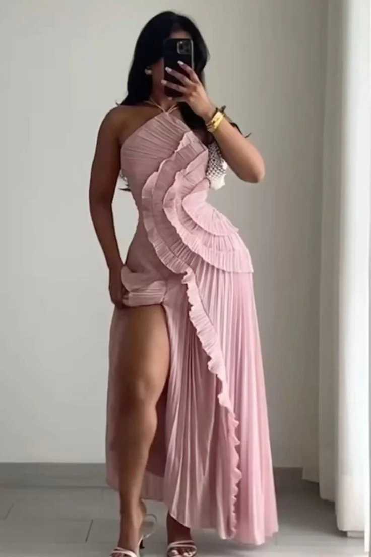 Trendy A Line Halter Neck Pink Long Prom Dress with Ruffles