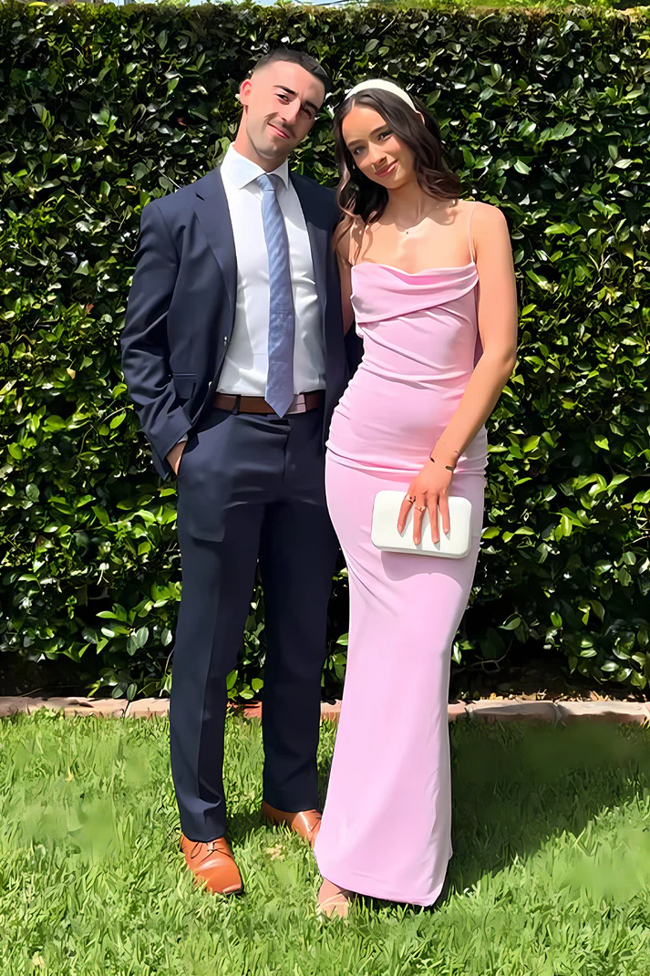 Trendy Sheath Spaghetti Straps Pink Long Prom Dress with Ruched