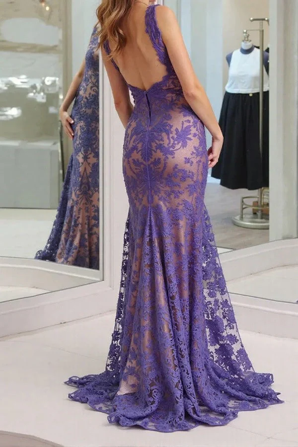 V-Neck Backless Lilac Prom Dress with Lace