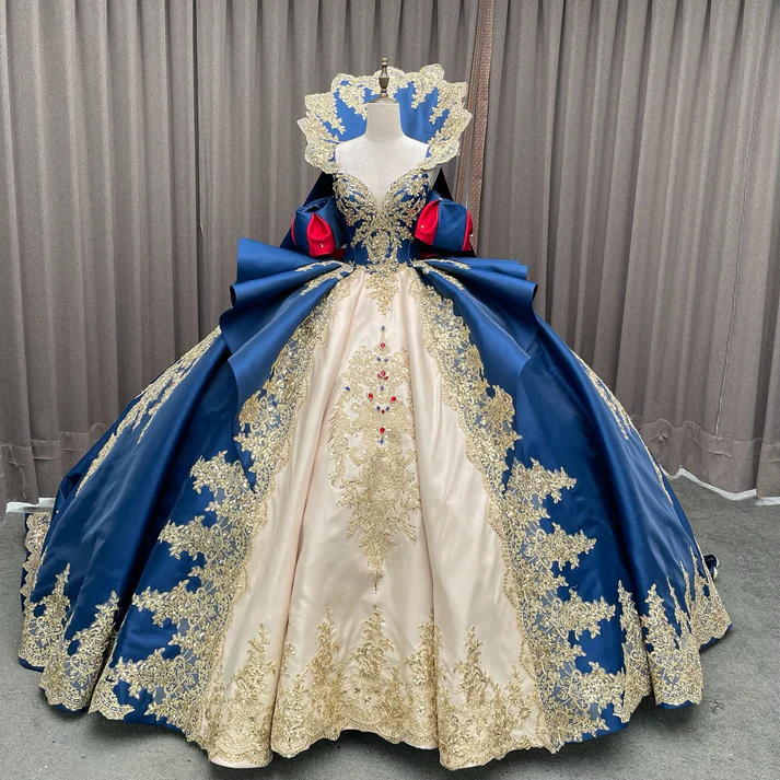 V Neck Short Sleeves Beaded Gold Appliques Bow Knot Ruffles Snow White Quinceañera Dress