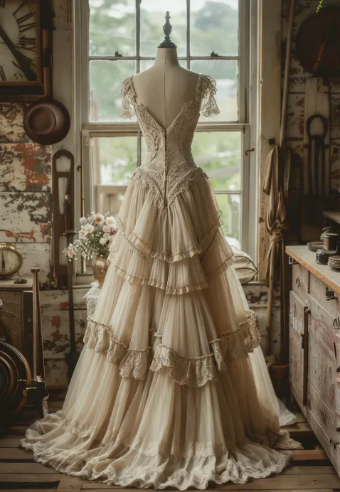 Vintage A Line Chiffon Lace Evening Dress Elegant Wedding Dress