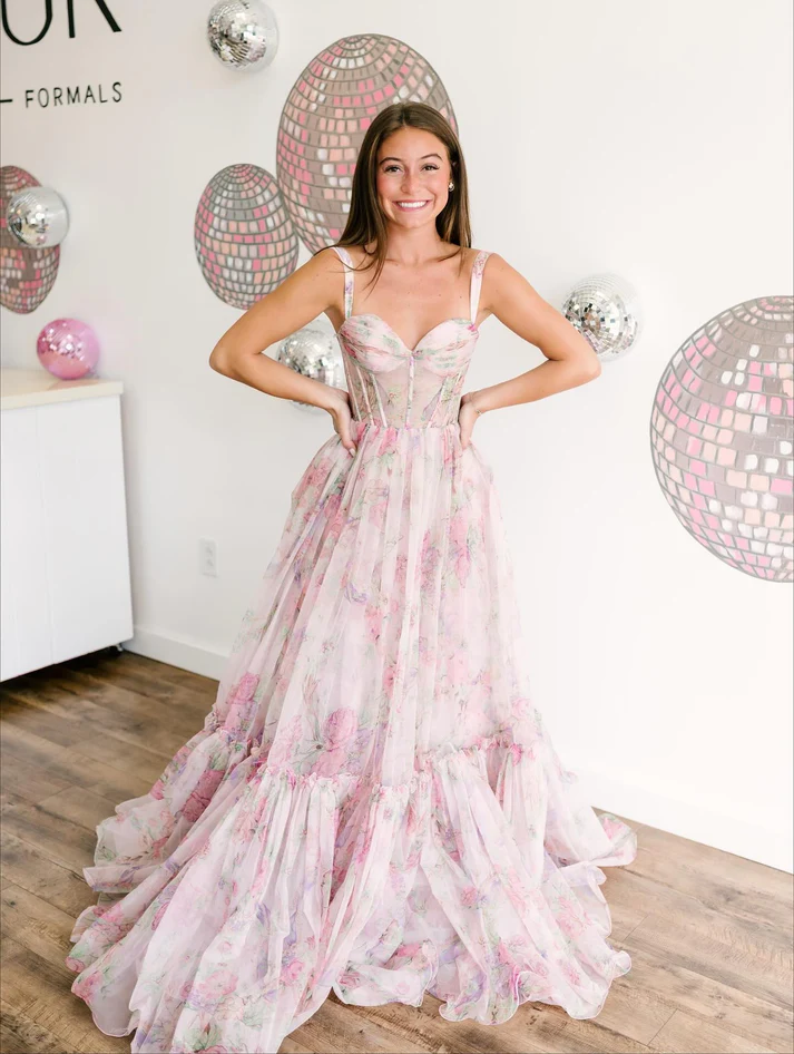 Women's Chiffon Floral Print A Line Long Prom Dresses Sweetheart Formal Evening Gowns