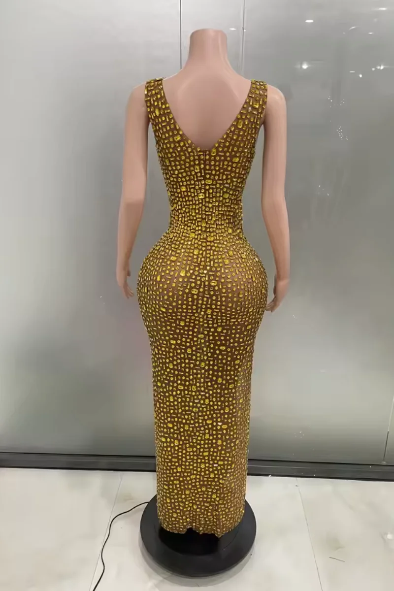 Women's shiny luxurious high slit sexy golden sequined tight dress evening dress performance costume bar nightclub singer dancer