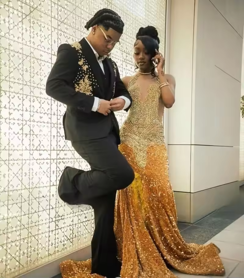 Luxury Golden Sequin Prom Dresses Crystal Rhinestone Mermaid Party Gowns For Black Girls African Evening Dress Customized