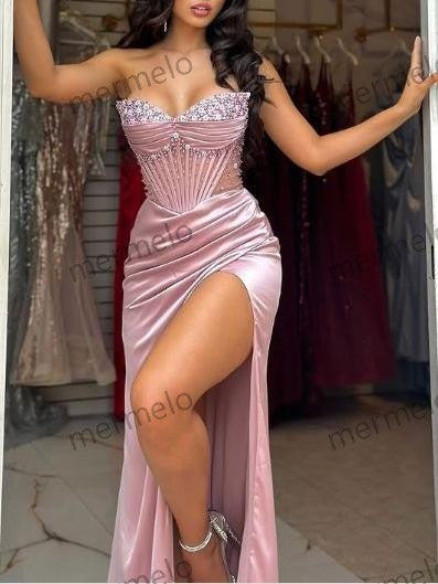 Elegant Sheath Sweetheart Sequin Pink Satin Slit Prom Dresses Evening Dress